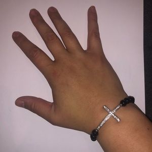 Jewelry: Black Bead/Rhinestone Cross Bracelet